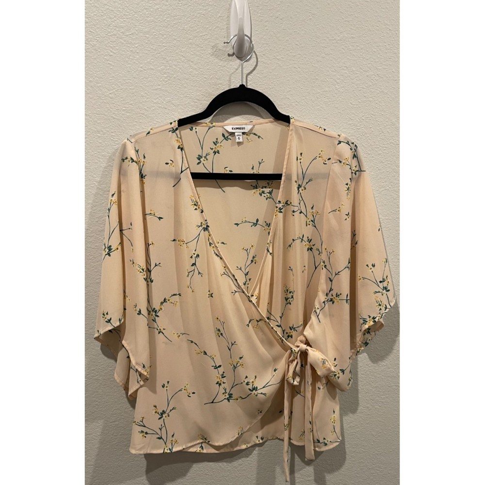 EXPRESS Cream Floral Kimono Sleeve Wrap Blouse